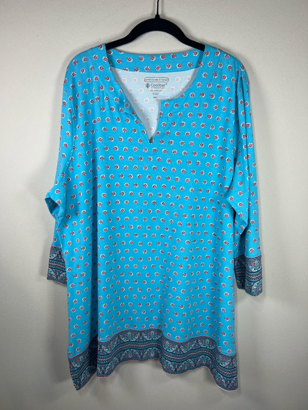 Coolibar St Lucia Tunic Shirt Aqua Pink FLoral Paisley UPF 50+ Beach Pool Sz XXL